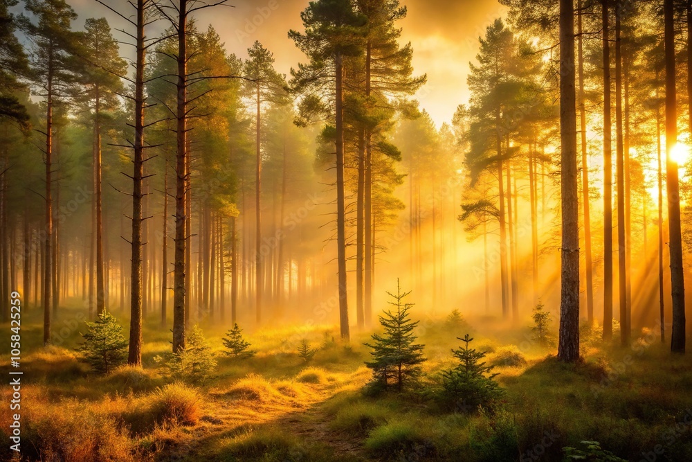 Forest at dusk with a warm golden light and misty atmosphere, moss, nature Forest at dusk with a warm golden light and misty atmosphere, moss, nature