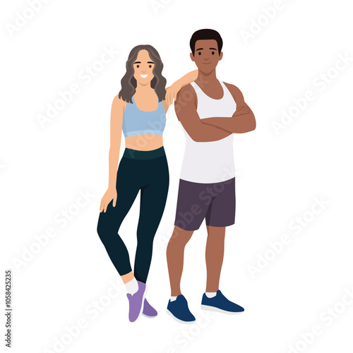 Young people dressed in sportswear and leading an active. Flat vector illustration isolated on white background