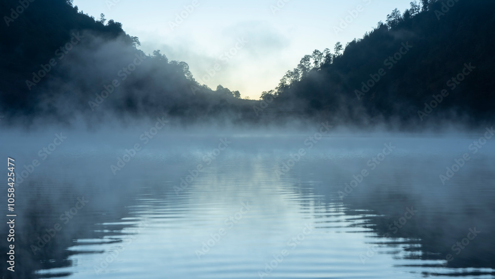 Dreamy morning foggy lake Dreamy morning foggy lake