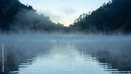 Dreamy morning foggy lake
