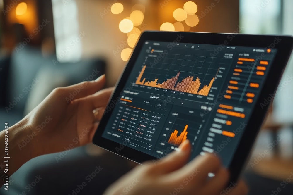 Tablet, screen and hands of person with statistics for online growth, development and sales Tablet, screen and hands of person with statistics for online growth, development and sales