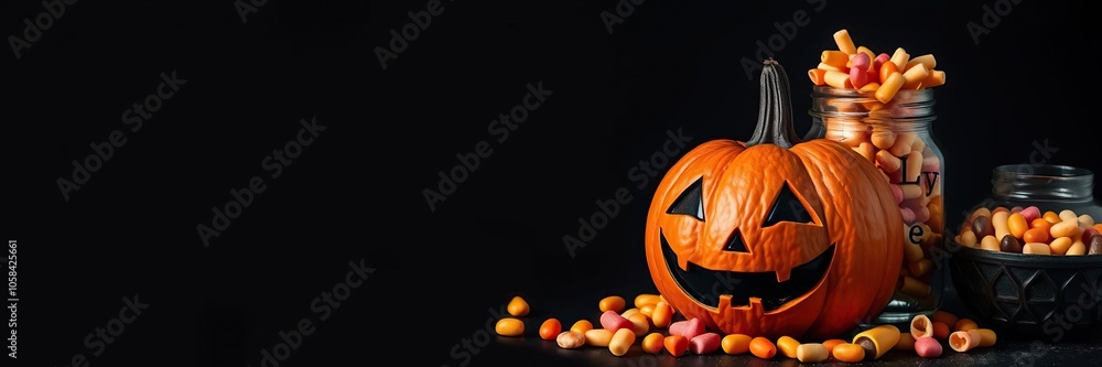 Festive halloween candy jar with carved pumpkin filled with colorful sweets, decoration, jar Festive halloween candy jar with carved pumpkin filled with colorful sweets, decoration, jar
