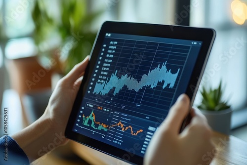 Tablet, screen and hands of person with statistics for online growth, development and sales