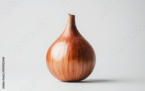 Simple, close-up shot of one whole onion with rich brown skin tones, displayed on a plain white background 