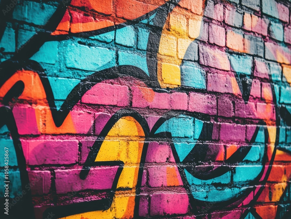Vibrant Urban Graffiti Mural on Brick Wall Vibrant Urban Graffiti Mural on Brick Wall