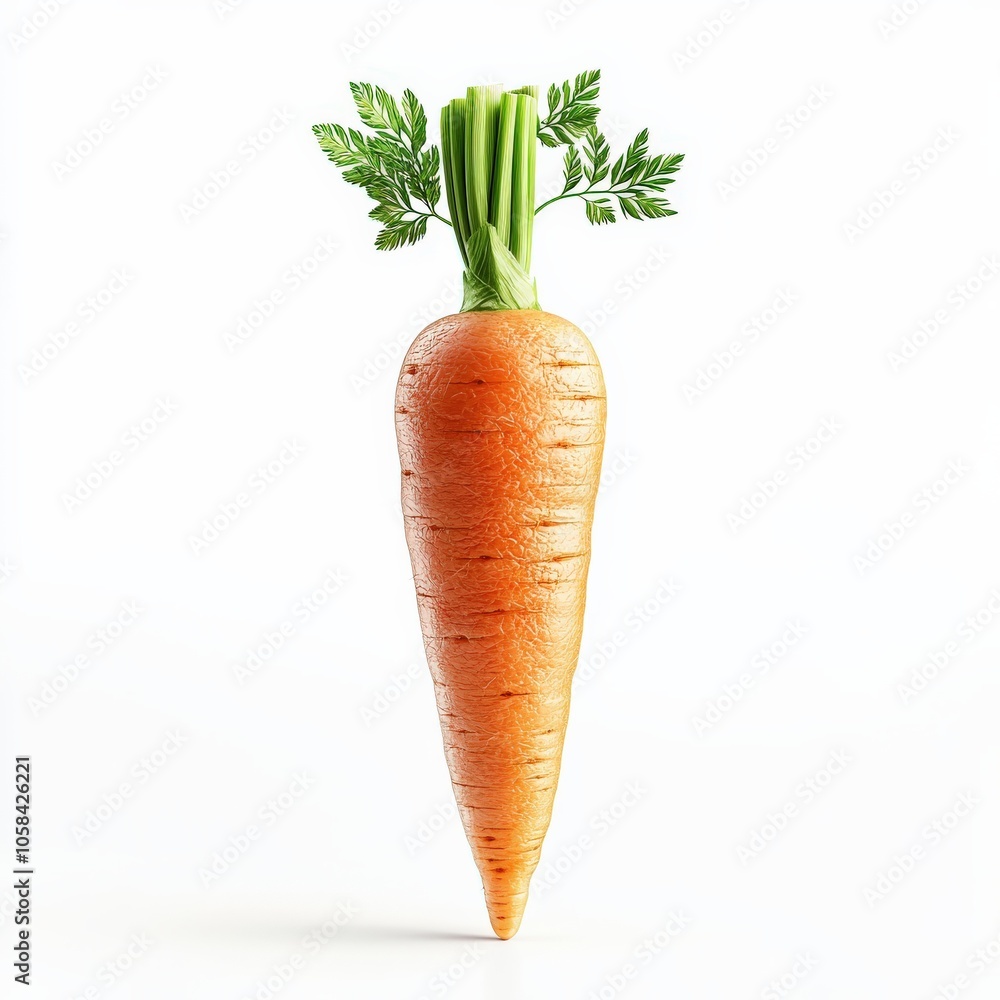 single carrot with green top, detailed illustration, hyper-realistic, isolated on white background selective focus on foreground single carrot with green top, detailed illustration, hyper-realistic, isolated on white background selective focus on foreground
