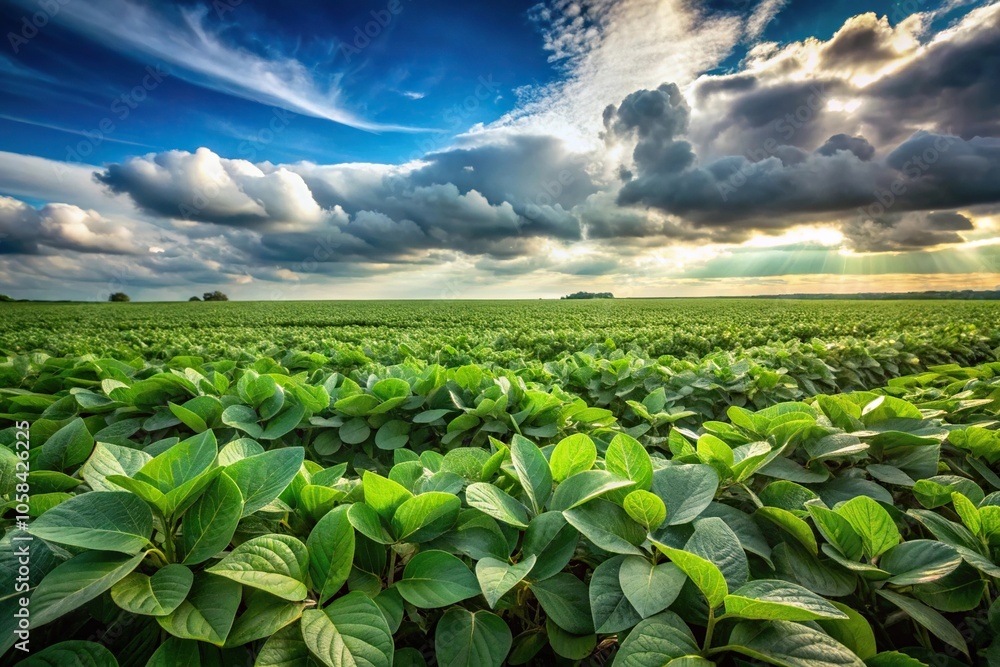 green soybean field with cloudy sky agricultural background Close-Up green soybean field with cloudy sky agricultural background Close-Up