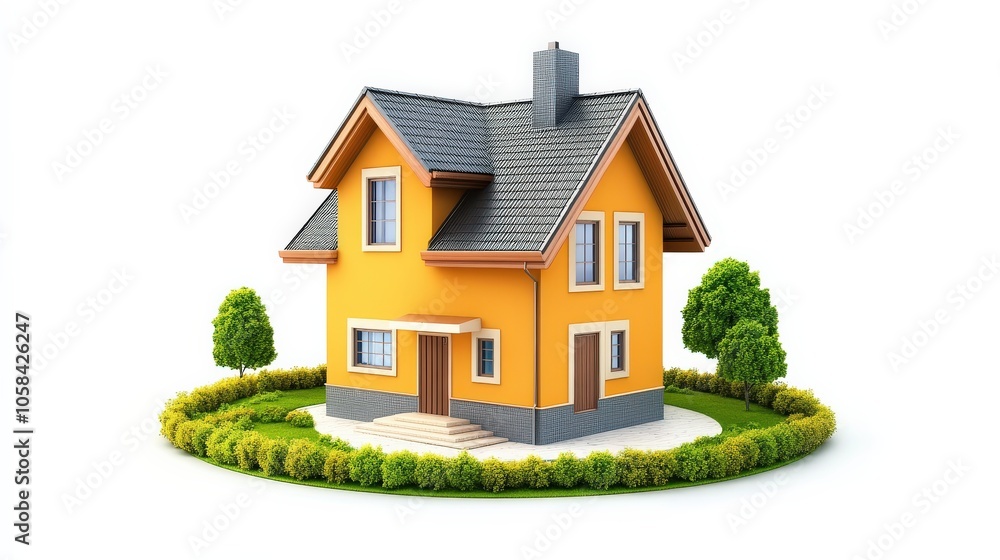3D illustration of a cheerful yellow house with a circular garden and greenery, showcasing architectural design and outdoor space. 3D illustration of a cheerful yellow house with a circular garden and greenery, showcasing architectural design and outdoor space.