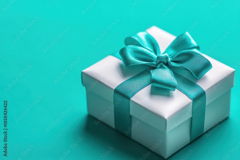 White gift box with turquoise bow on a turquoise background. Birthday present, front view White gift box with turquoise bow on a turquoise background. Birthday present, front view