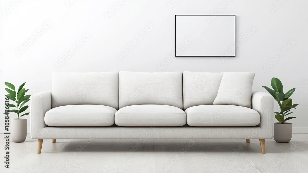Elegant living room sofa with neutral cushions, Scandinavian-style decor, soft and bright lighting, simple artwork, potted greenery, calming and balanced setup Elegant living room sofa with neutral cushions, Scandinavian-style decor, soft and bright lighting, simple artwork, potted greenery, calming and balanced setup
