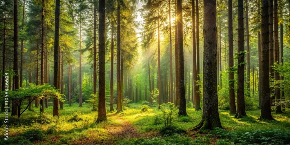 Earthy forest landscape with tall trees and dense foliage, scenery, undergrowth Earthy forest landscape with tall trees and dense foliage, scenery, undergrowth