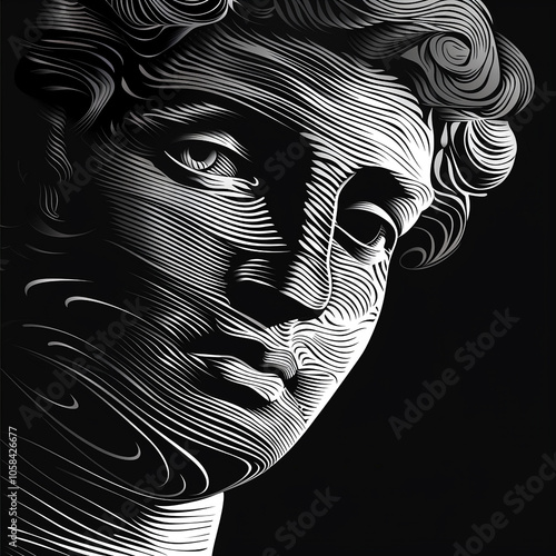Ancient Statue head black and white striped pattern illustration