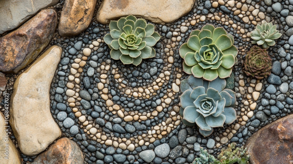 Close-up of dry tray garden with intricate pebble patterns and succulents, set in a natural, calming layout Close-up of dry tray garden with intricate pebble patterns and succulents, set in a natural, calming layout