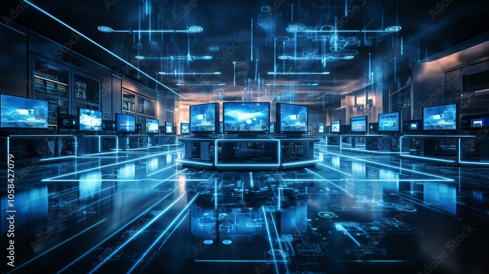 Fototapeta premium High-tech computer lab with multiple screens and digital displays at night
