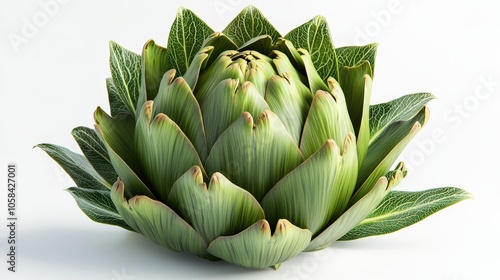 Close-up of a fresh artichoke with vibrant green petals, isolated on a white background, showcasing its natural texture and form.