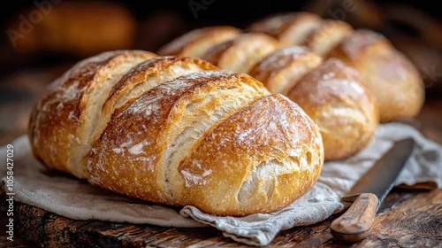 Close-up of warm, freshly baked artisan bread with a crispy golden crust, perfect for bakery or rustic food concepts