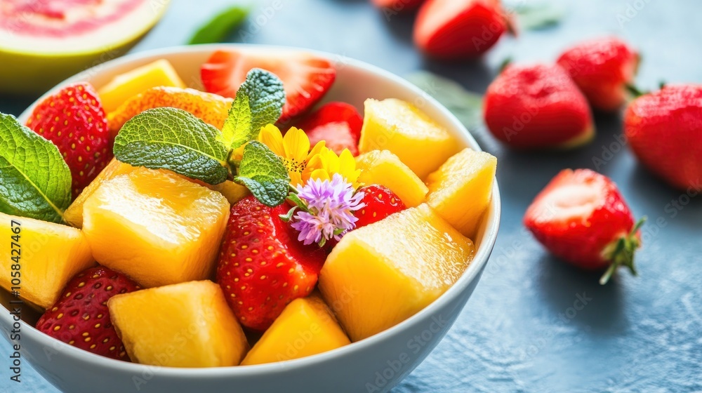 A colorful bowl of mixed fruit, featuring strawberries and mango, garnished with mint. A colorful bowl of mixed fruit, featuring strawberries and mango, garnished with mint.