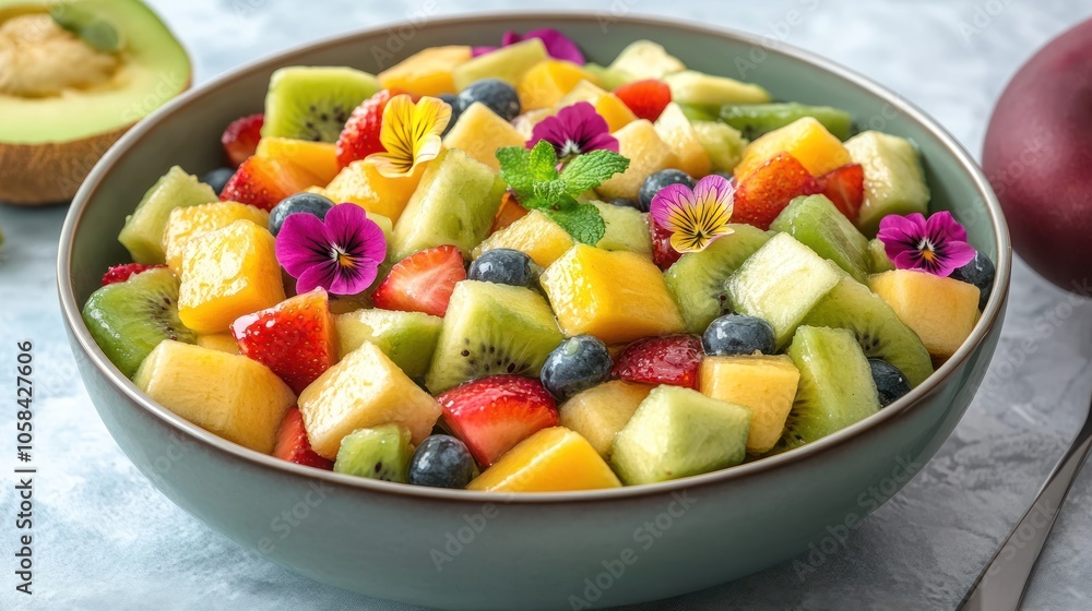 A colorful fruit salad featuring various chopped fruits and edible flowers in a bowl. A colorful fruit salad featuring various chopped fruits and edible flowers in a bowl.
