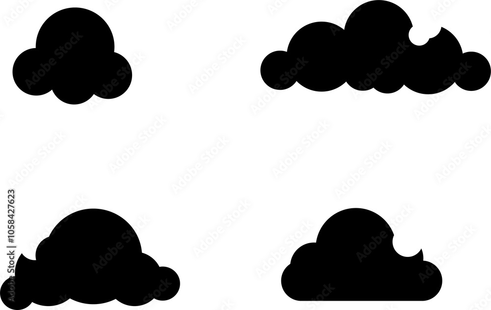 Black clouds set isolated on white background. Collection of different clouds for web site, background template, wallpaper and sky design. Creative modern concept. Clouds vector illustration