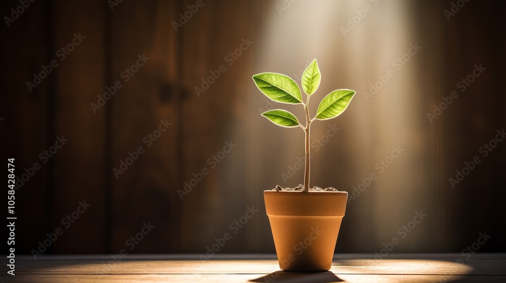 A small green plant growing in a pot illuminated by soft light in a dimly lit room A small green plant growing in a pot illuminated by soft light in a dimly lit room