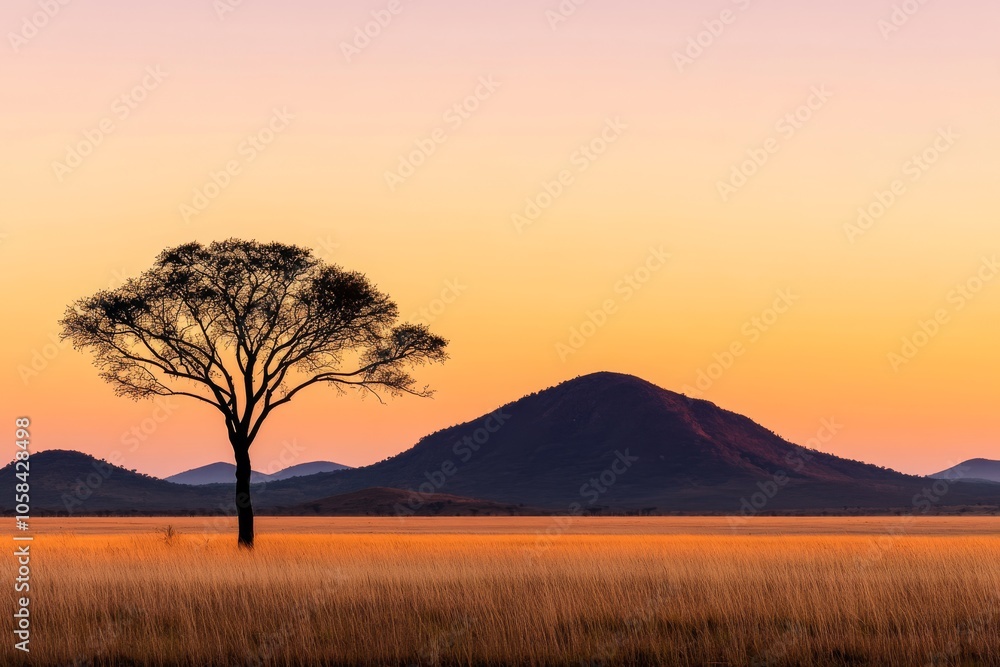 A wideopen savanna landscape at sunset with a lone acacia tree silhouetted against the orange and purple sky. The expansive horizon evokes a sense of freedom and tranquility. A wideopen savanna landscape at sunset with a lone acacia tree silhouetted against the orange and purple sky. The expansive horizon evokes a sense of freedom and tranquility.