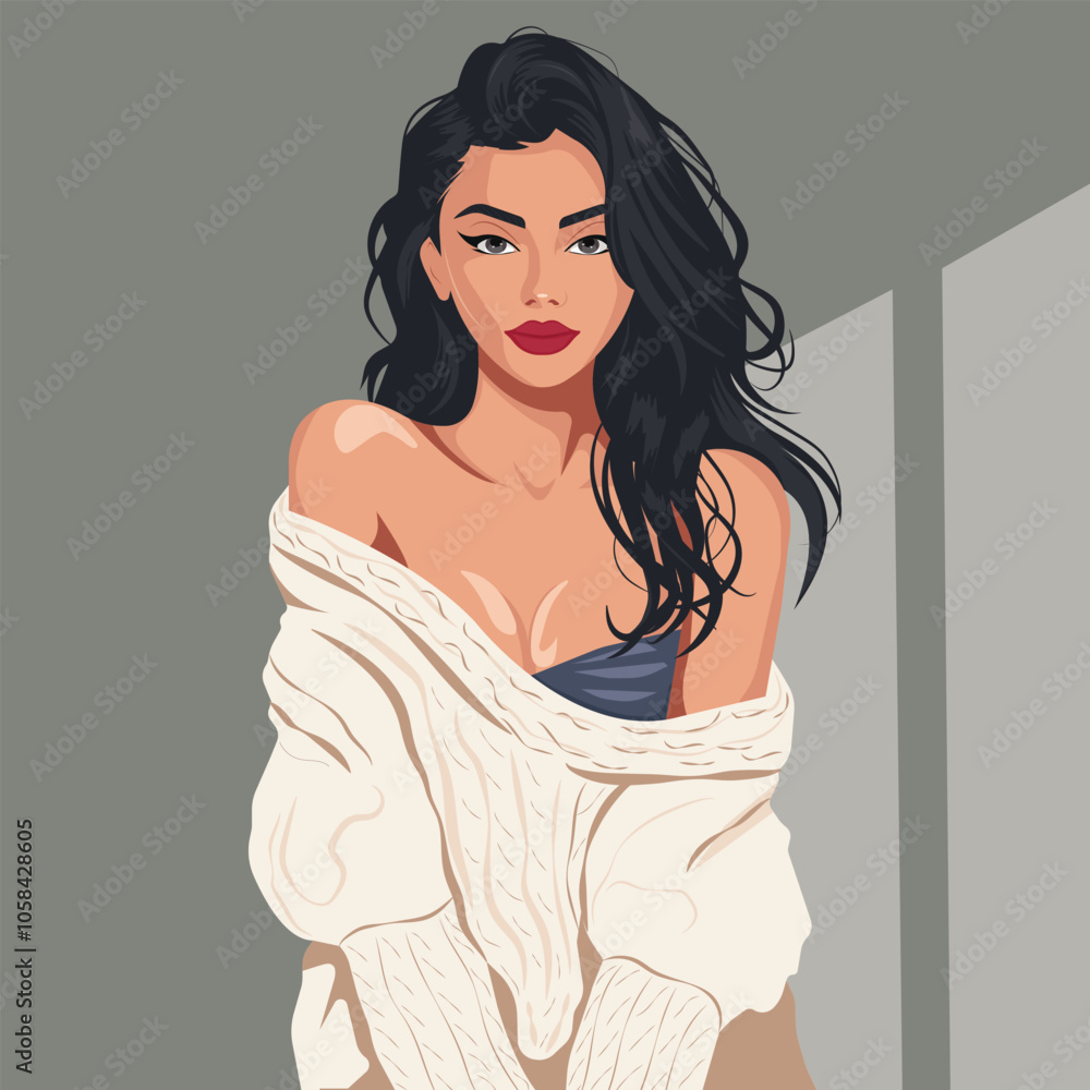 A young pretty woman with long dark hair wearing a warm knitted sweater.