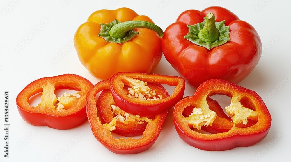 Fresh red and yellow bell peppers with sliced rings on a white background, showcasing vibrant colors and healthy ingredients. Fresh red and yellow bell peppers with sliced rings on a white background, showcasing vibrant colors and healthy ingredients.