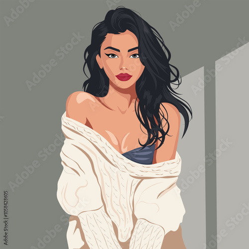 Obraz na płótnie A young pretty woman with long dark hair wearing a warm knitted sweater.
w salonie