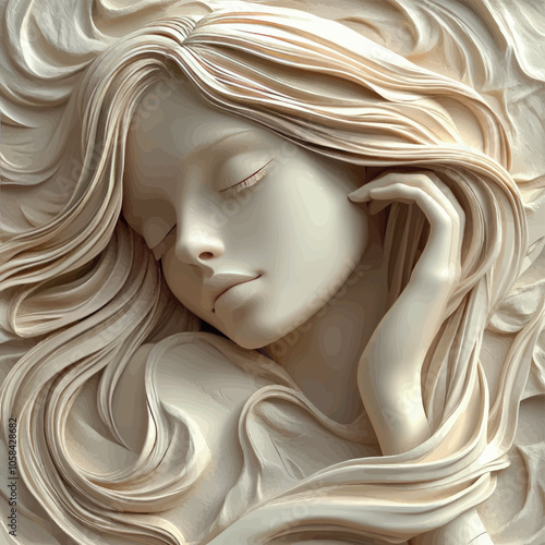 3D bas-relief of a girl, vector, close-up portrait in vanilla and beige tones. Decor of exhibition and presentation interiors for advertising products for women, template for greeting, romantic cards,