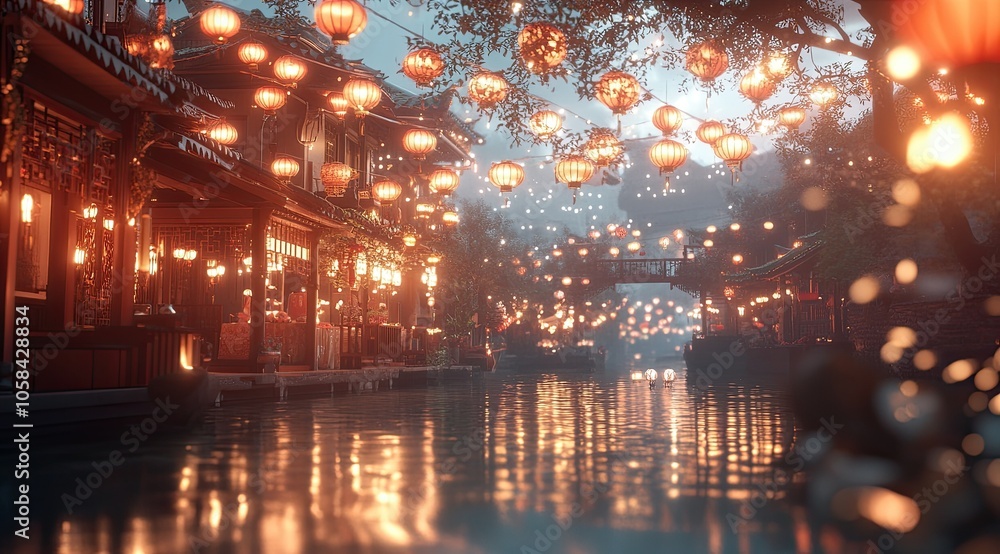 A panorama of the city, dominated by lanterns in the sky. A panorama of the city, dominated by lanterns in the sky.