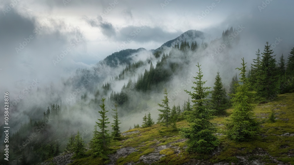 Misty Mountain Majesty: A Serene Landscape of Evergreen Peaks Misty Mountain Majesty: A Serene Landscape of Evergreen Peaks