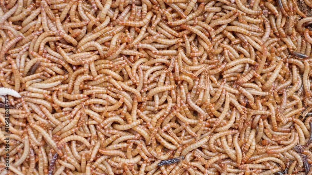 Top view of scattered mealworm larvae. They are food worms for exotic animals. They are used to feed birds, reptiles or fish. Filming. Different stages of mealworms. Life cycle of mealworms. Many larv Top view of scattered mealworm larvae. They are food worms for exotic animals. They are used to feed birds, reptiles or fish. Filming. Different stages of mealworms. Life cycle of mealworms. Many larv