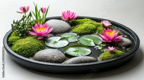 Wallpaper Mural Detailed wet tray garden with water lilies, smooth stones, and moss, capturing a refreshing, wet garden feel Torontodigital.ca