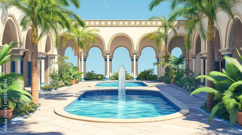 A serene courtyard with palm trees and a reflective pool, showcasing classical architecture.