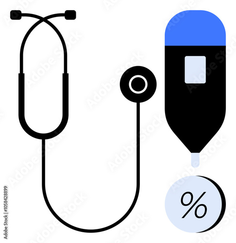 Stethoscope connected to glucometer above percentage symbol signifying medical analysis and healthcare assessment. Ideal for medical diagnostics, patient care, healthcare services, health education