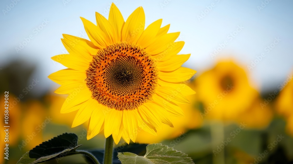 Naklejka premium close up of sunflowers with blurred field and copy space.