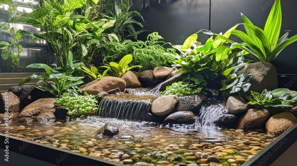 Elegant wet tray garden with tiny waterfalls over rocks, water plants, and smooth pebbles for a naturalistic look Elegant wet tray garden with tiny waterfalls over rocks, water plants, and smooth pebbles for a naturalistic look