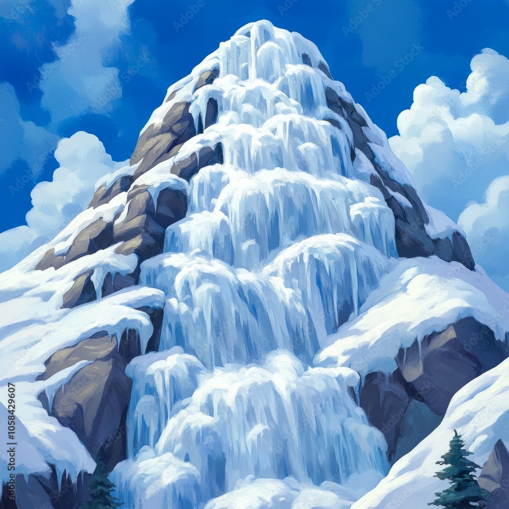 Obraz premium A frozen waterfall cascades down a rocky mountainside, with snow-covered slopes and a blue sky above.