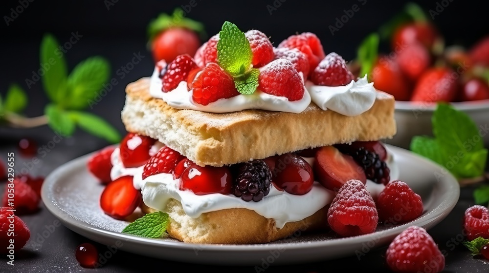 Delicious layered dessert with fresh berries and mint served on a dark background Delicious layered dessert with fresh berries and mint served on a dark background