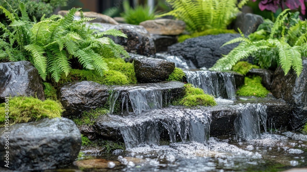 Wet tray garden close-up featuring moss-covered stones, small ferns, and a gentle water flow creating a serene scene Wet tray garden close-up featuring moss-covered stones, small ferns, and a gentle water flow creating a serene scene