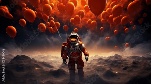 Astronaut standing on an alien landscape surrounded by orange balloons in a surreal atmosphere photo