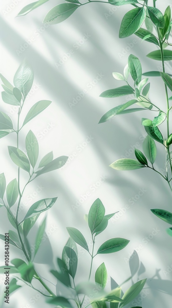 A minimalist image showcasing elegant green leaves with soft shadows in diffused sunlight. Perfect for themes of nature, serenity, and tranquility, conveying a peaceful and fresh atmosphere A minimalist image showcasing elegant green leaves with soft shadows in diffused sunlight. Perfect for themes of nature, serenity, and tranquility, conveying a peaceful and fresh atmosphere