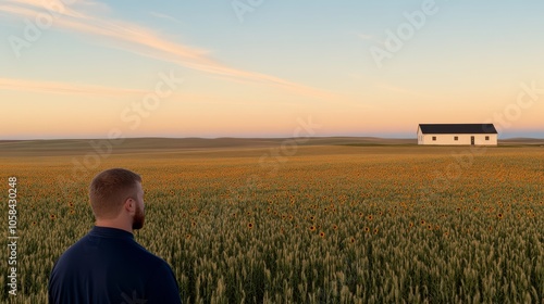 A field of blooming sunflowers with a blue sky and copy space.