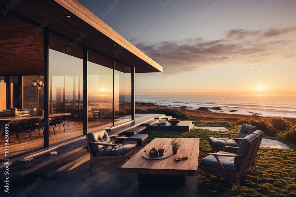 Fototapeta premium Modern coastal home with sunset view and outdoor seating in a serene beach location
