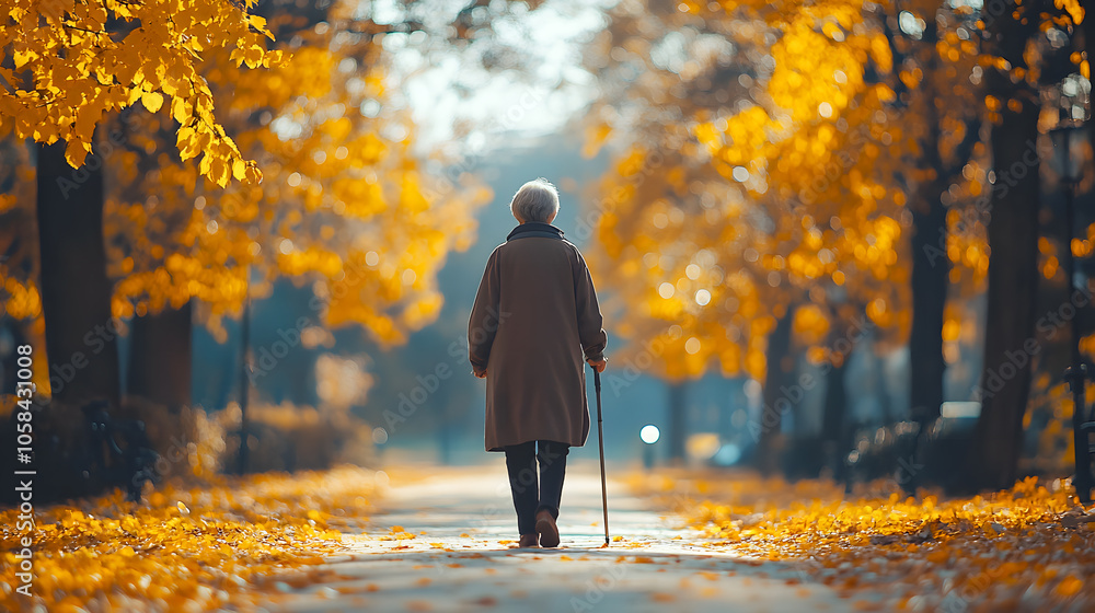 Elderly woman walking in the park. Retired woman with walking stick Elderly woman walking in the park. Retired woman with walking stick