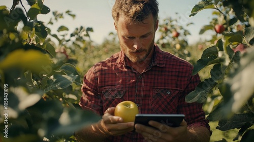 A man in a red plaid shirt carefully inspects an apple in his orchard, holding the fruit with one hand while using a tablet in the other to monitor quality, showcasing a blend of traditional farming w