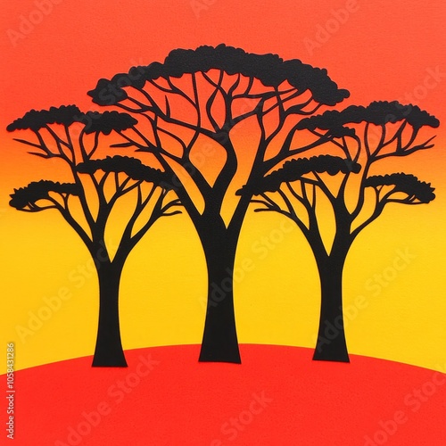 Silhouette of three trees against an orange sunset. photo