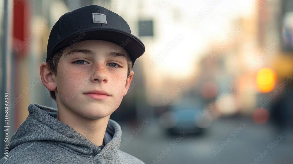 Portrait of a teenage boy wearing a cap while standing on the street, with a focus on the teenage boys expression and personality, providing ample copy space for text. Portrait of a teenage boy wearing a cap while standing on the street, with a focus on the teenage boys expression and personality, providing ample copy space for text.