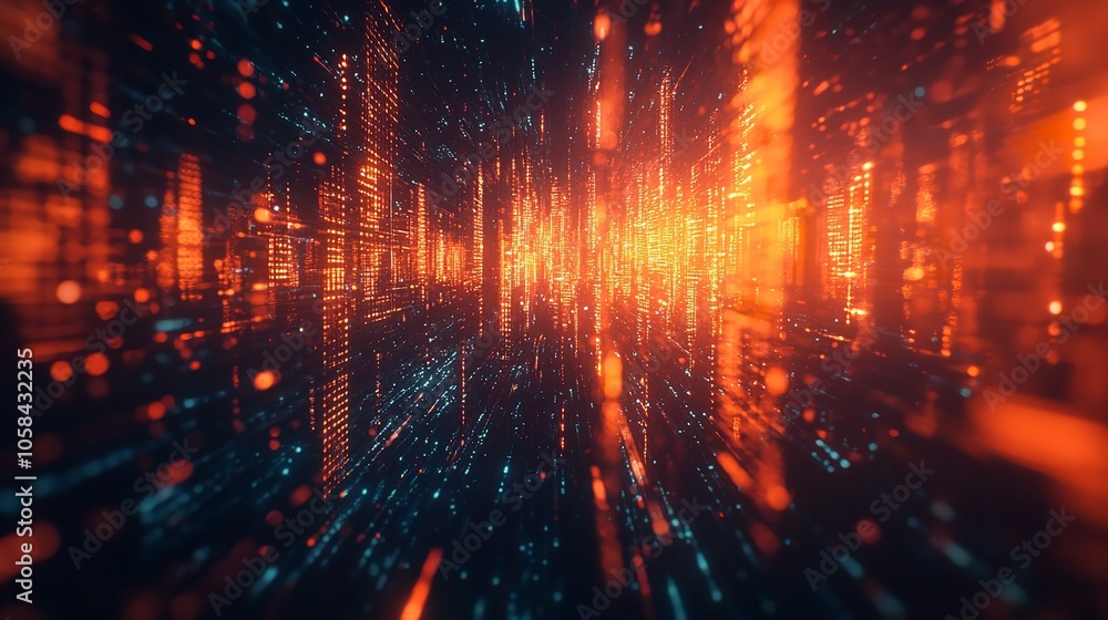 A digital 3D illustration of a fiery data stream flowing through a network of connections on a circuit-like landscape A digital 3D illustration of a fiery data stream flowing through a network of connections on a circuit-like landscape
