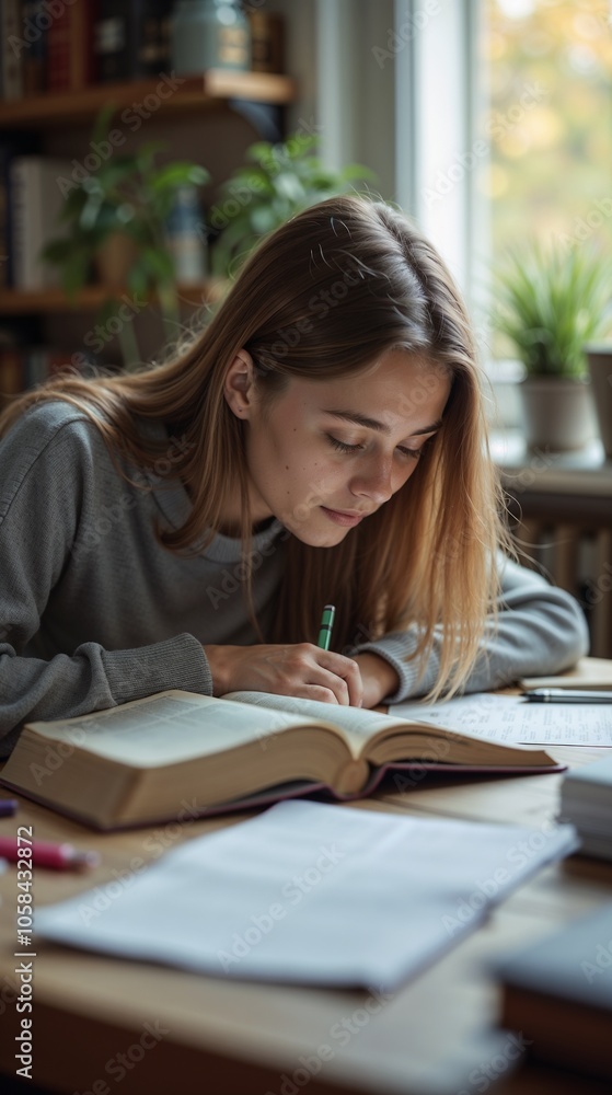 Young woman studying and writing notes in a cozy room with books and plants Young woman studying and writing notes in a cozy room with books and plants